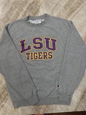 Champion LSU Tigers Crewneck Sweatshirt M Grey Applique Lettering